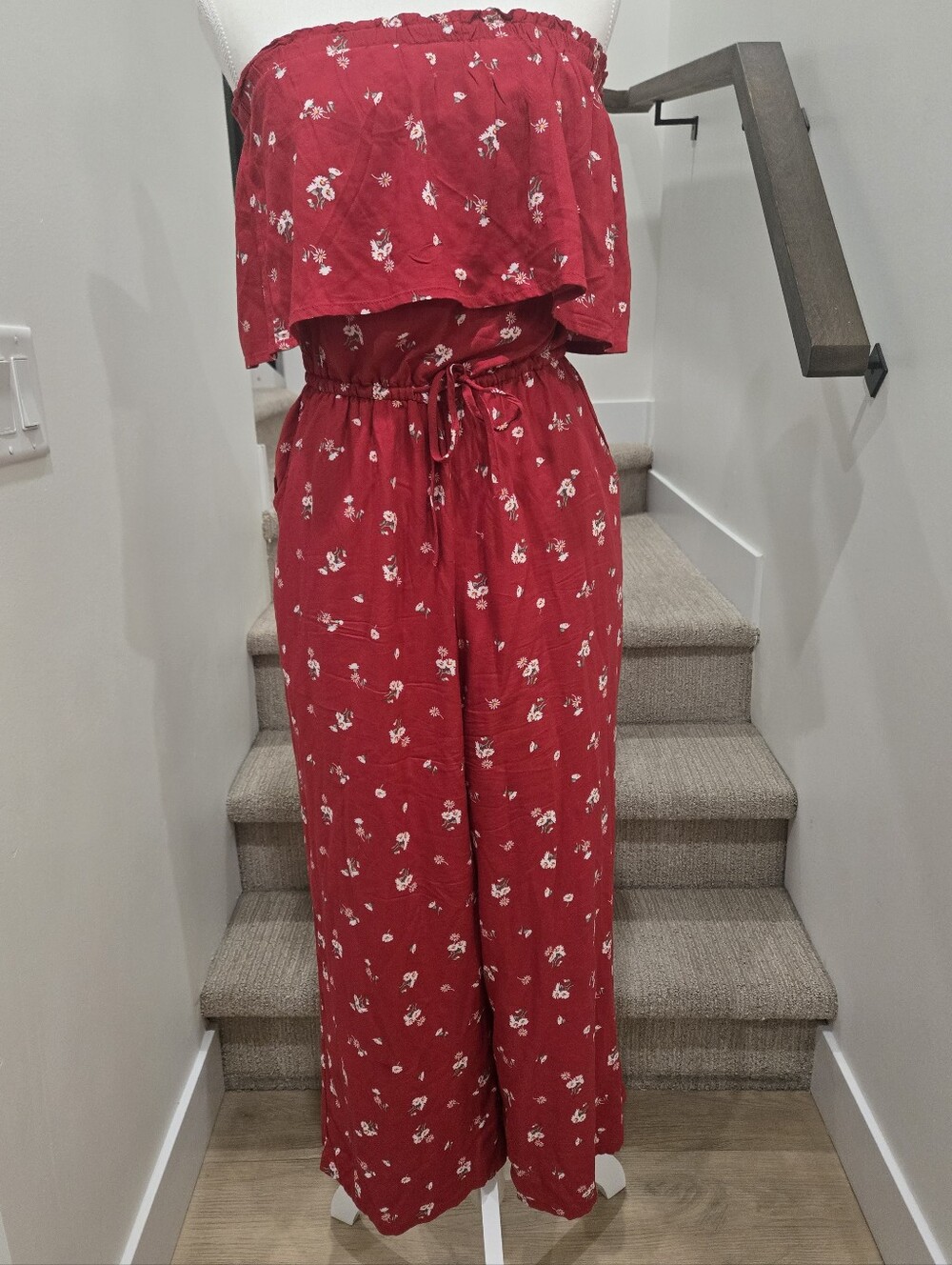 Hollister Red Strapless Cropped Floral Wide-Leg Jumpsuit
